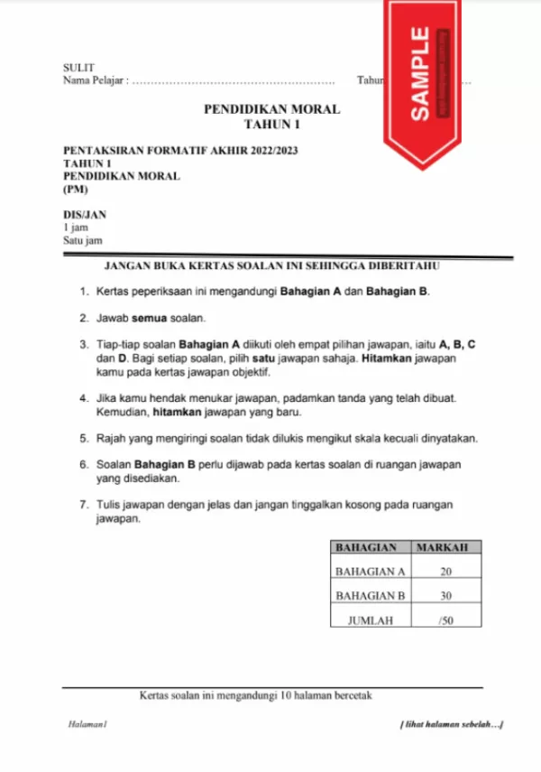 Soalan Ujian Formatif Akhir Pendidikan Moral Tahun 1 2022-2023