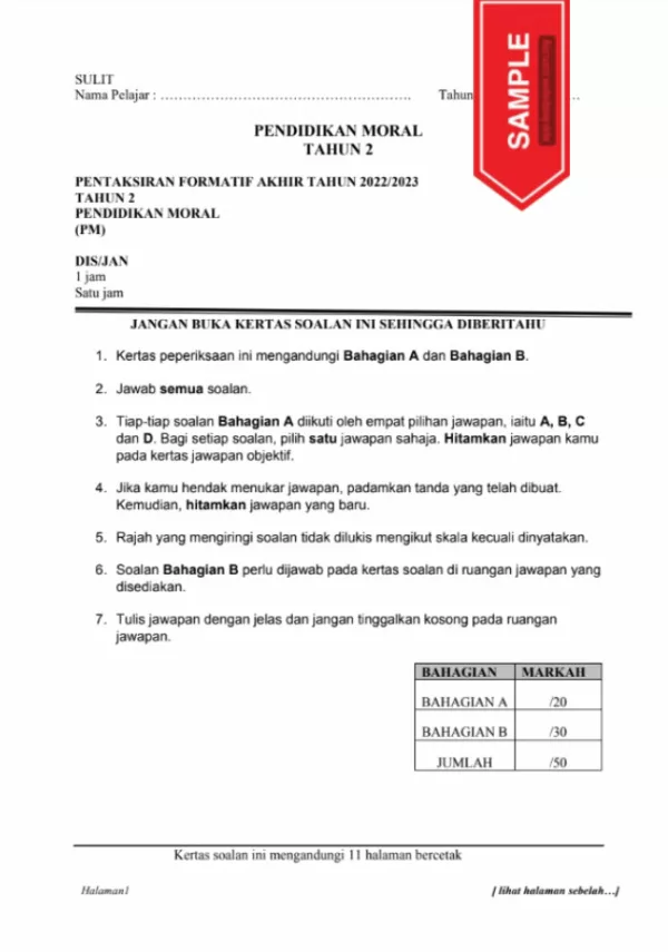 Soalan Ujian Formatif Akhir Pendidikan Moral Tahun 2 2022-2023