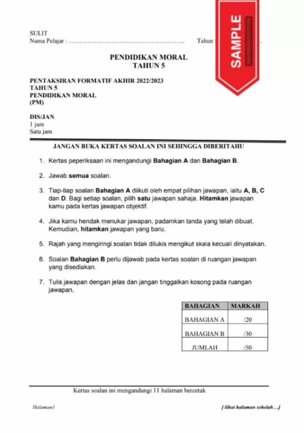 Soalan Ujian Formatif Akhir Pendidikan Moral Tahun 5 2022-2023