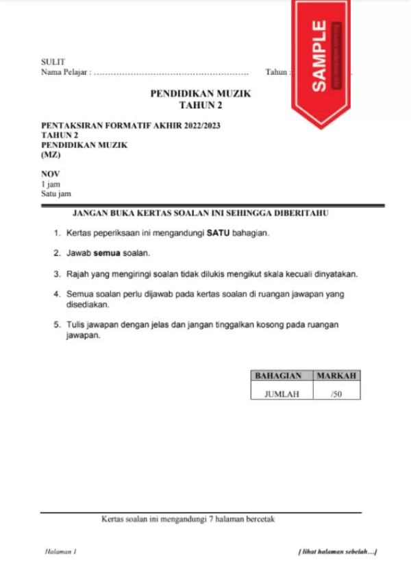 Soalan Ujian Formatif Akhir Pendidikan Muzik Tahun 2 2022-2023