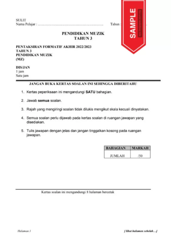 Soalan Ujian Formatif Akhir Pendidikan Muzik Tahun 3 2022-2023