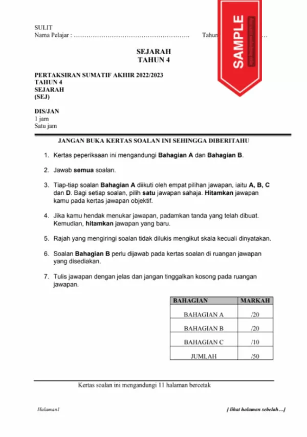 Soalan Ujian Akhir Tahun Sejarah Tahun 5 2022-2023