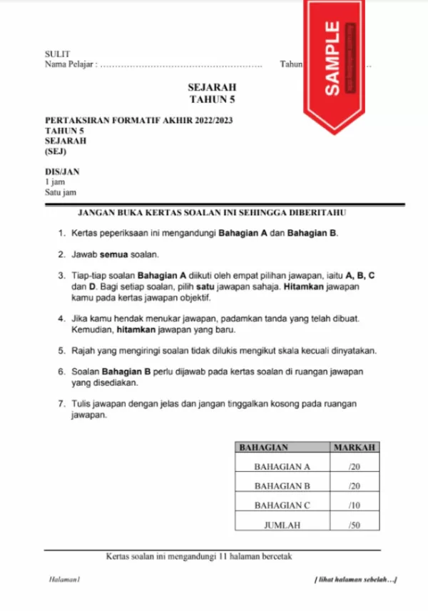 Soalan UASA Sejarah Tahun 5 2022-2023