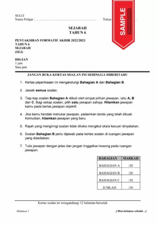 Soalan Ujian Akhir UASA Sejarah Tahun 6 2022-2023