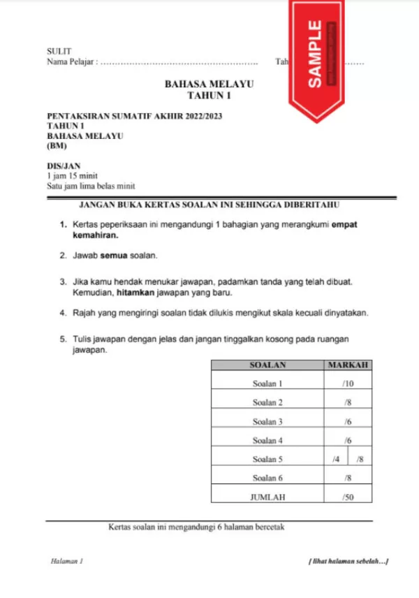 Soalan Ujian Akhir Tahun Bahasa Melayu SJK Tahun 1 2022-2023