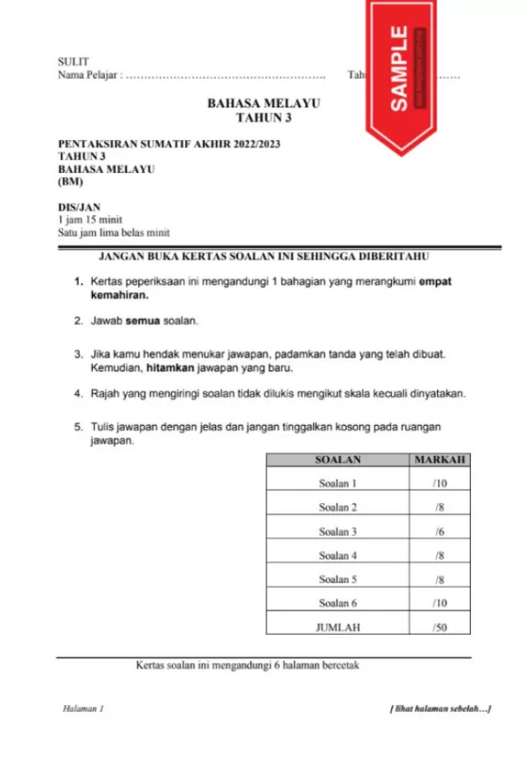 Soalan Ujian Akhir Tahun Bahasa Melayu SJK Tahun 3 2022-2023