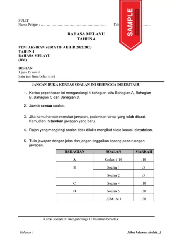 Soalan Ujian Akhir Tahun Bahasa Melayu SJK Tahun 4 2022-2023