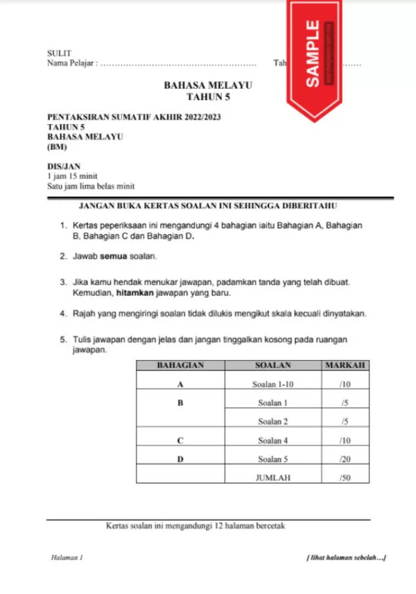 Soalan Ujian Akhir Tahun Bahasa Melayu SJK Tahun 5 2022-2023