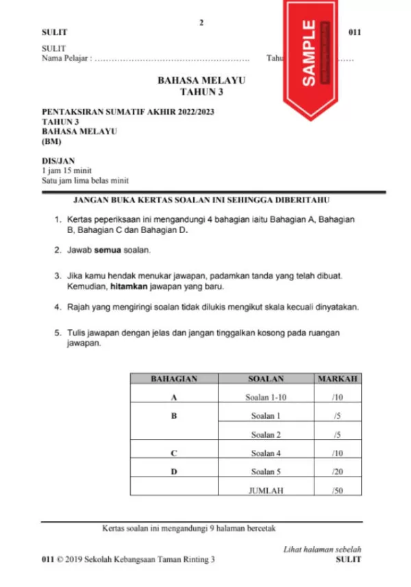 Soalan Ujian Akhir Tahun Bahasa Melayu SK Tahun 3 2022-2023