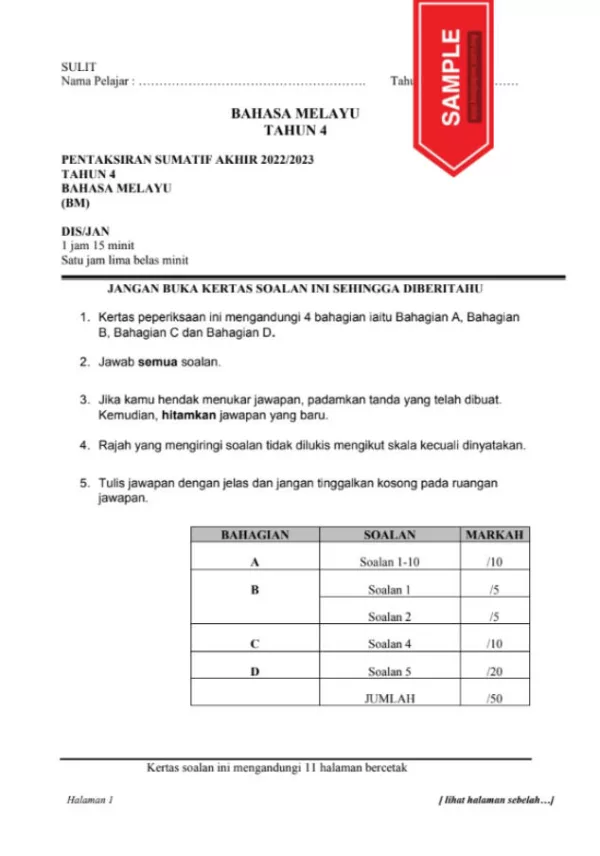 Soalan Ujian Akhir Tahun Bahasa Melayu SK Tahun 4 2022-2023