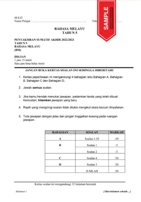 Soalan Ujian Akhir Tahun Bahasa Melayu SK Tahun 5 2022-2023