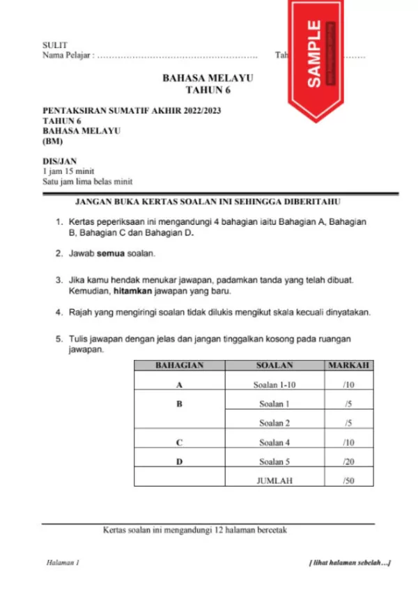 Soalan Ujian Akhir Tahun Bahasa Melayu SK Tahun 6 2022-2023