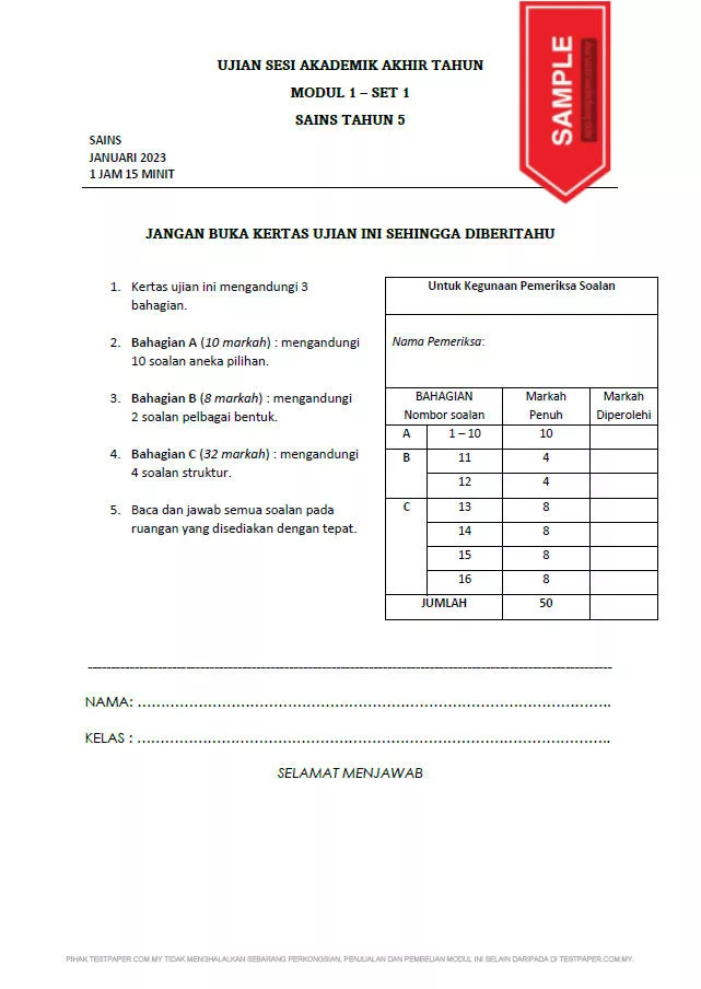 Soalan Ujian Akhir Tahun Sains Tahun 5 UASA