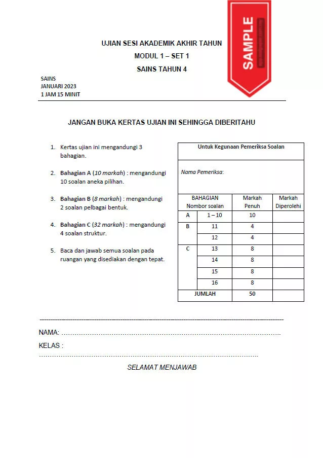 Soalan Ujian Akhir Tahun Sains Tahun 4 UASA