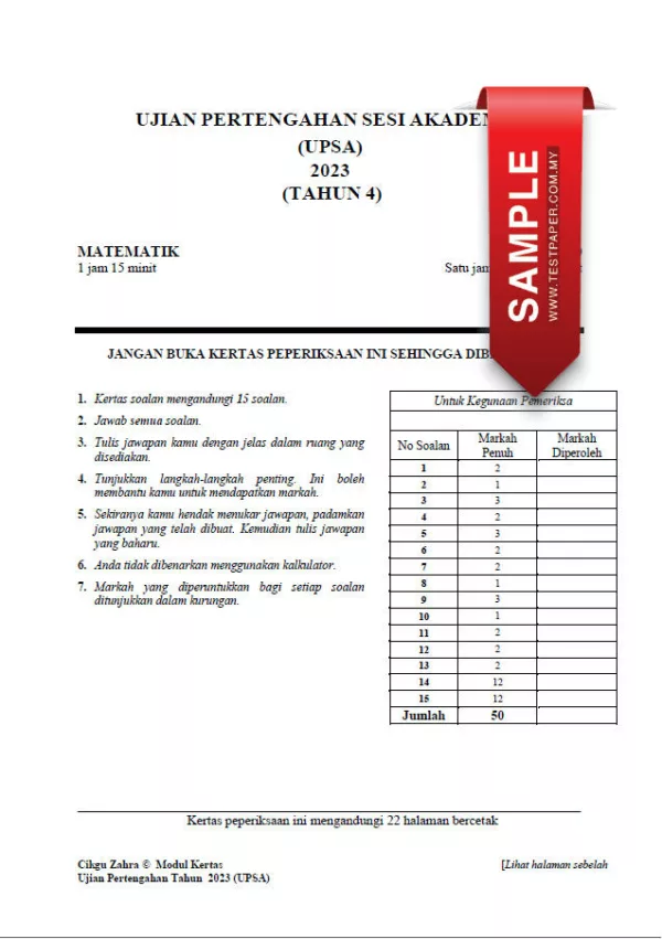 Soalan Ujian Pertengahan Tahun Matematik Tahun 4 2023-2024