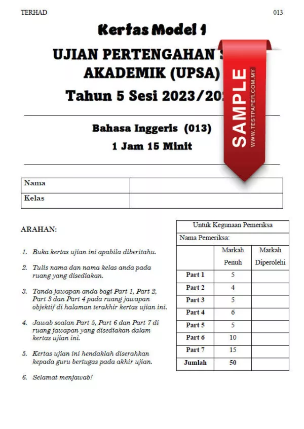 Soalan Ujian UPSA Bahasa Inggeris Tahun 5 Bab 1