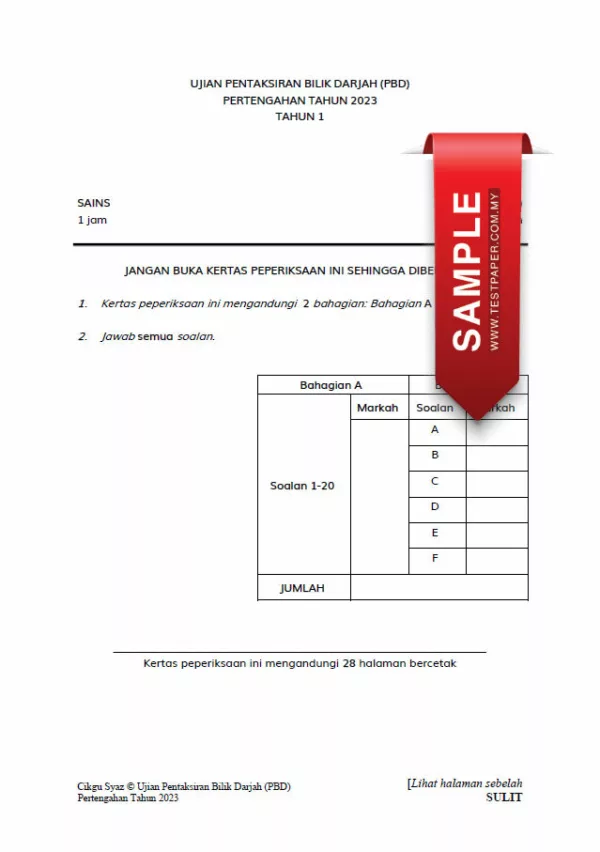 Soalan Ujian PBD Sains Tahun 1 2023