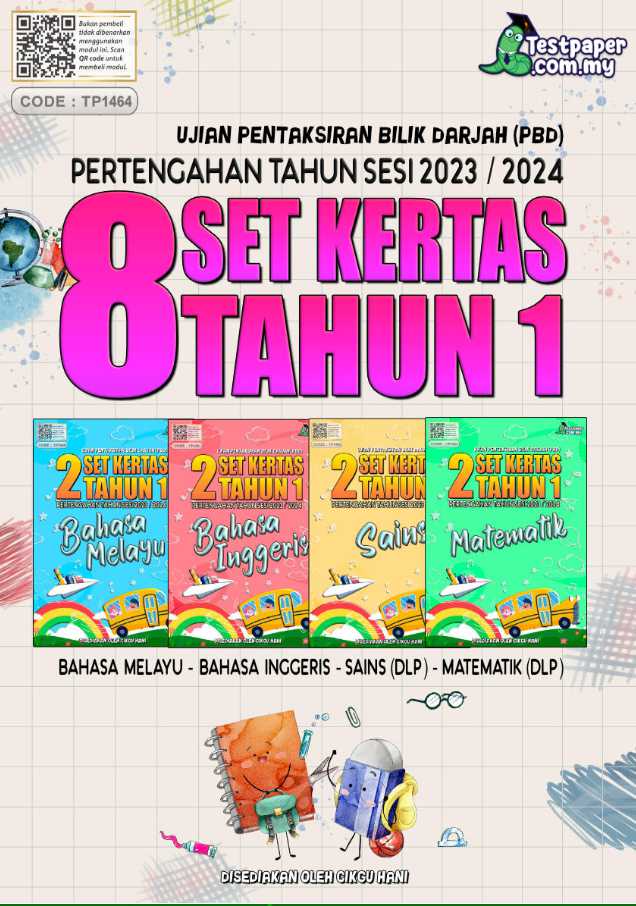 **Bahan Soalan Ujian PBD Tahun 1 2023** merupakan satu sumber pembelajaran yang sangat penting bagi murid-murid yang berada di tahun pertama sekolah rendah. Soalan-soalan ini direka untuk menguji kefahaman murid-murid terhadap pelbagai subjek yang diajar di sekolah, sekaligus memberi gambaran yang jelas tentang tahap penguasaan mereka dalam mata pelajaran tersebut. Dengan adanya bahan soalan ini, guru-guru dan ibu bapa dapat menilai secara berkesan perkembangan akademik anak-anak mereka dan mengenal pasti mana-mana bahagian yang memerlukan penambahbaikan. Selain itu, bahan ini juga membantu murid-murid untuk bersedia menghadapi peperiksaan dengan lebih baik melalui latihan yang konsisten. Penggunaan bahan soalan ini bukan sahaja memberikan pendedahan kepada format soalan yang berkemungkinan besar akan keluar dalam peperiksaan sebenar, tetapi juga meningkatkan keyakinan murid-murid apabila mereka sudah biasa dengan jenis soalan yang akan dihadapi. Oleh itu, bahan soalan ini menjadi alat bantu mengajar yang sangat berkesan untuk membantu murid-murid mencapai keputusan yang lebih baik dalam peperiksaan. Ibu bapa juga dapat memantau prestasi anak-anak mereka dengan lebih mudah melalui latihan yang disediakan dalam set soalan ini. ### Penerangan Bahan Soalan Ujian PBD Tahun 1 2023 - Bahan ini terdiri daripada pakej bundle yang mengandungi 8 set kertas ujian untuk Ujian Pertengahan Tahun (PBD Sesi 2023/24) Tahun 1. - Disediakan dan disusun oleh guru berpengalaman, Cikgu Hani. - Setiap set kertas ujian lengkap dengan skema jawapan. - 8 set kertas ujian ini merangkumi 4 subjek utama: 1. 2 set kertas Bahasa Melayu (Soalan dan Skema Jawapan) - Kod Modul TP1460. 2. 2 set kertas Bahasa Inggeris (Soalan dan Skema Jawapan) - Kod Modul TP1461. 3. 2 set kertas Sains (Soalan dan Skema Jawapan) - Kod Modul TP1462. 4. 2 set kertas Matematik (Soalan dan Skema Jawapan) - Kod Modul TP1463. - Kertas soalan dan jawapan disediakan dalam dua format: 1. Format PDF. 2. Format Microsoft Word (boleh edit). - Soalan disediakan dalam format dwibahasa (DLP): 1. Bahasa Melayu. 2. Bahasa Inggeris. **Kesimpulan**, mendapatkan *Bahan Soalan Ujian PBD Tahun 1 2023* adalah satu langkah bijak bagi memastikan anak-anak bersedia sepenuhnya untuk menghadapi peperiksaan. Ia memberikan kelebihan dalam persediaan ujian dengan latihan yang terarah, lengkap dengan skema jawapan dan dalam format yang mudah diakses serta digunakan. Dengan adanya bahan ini, murid-murid dapat berlatih dengan lebih berkesan, dan ibu bapa serta guru dapat memantau serta membimbing mereka dengan lebih tepat.