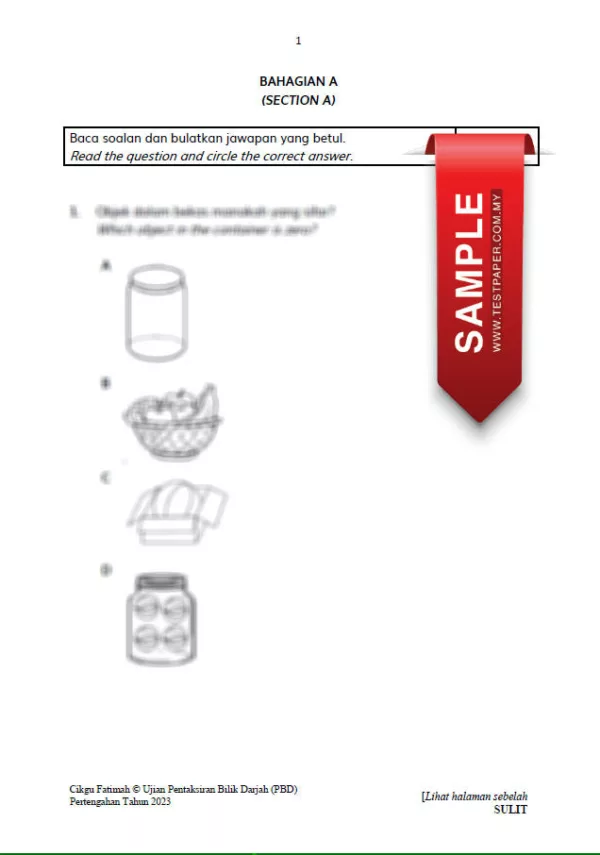 **Bahan Soalan Ujian PBD Tahun 1 2023** merupakan satu sumber pembelajaran yang sangat penting bagi murid-murid yang berada di tahun pertama sekolah rendah. Soalan-soalan ini direka untuk menguji kefahaman murid-murid terhadap pelbagai subjek yang diajar di sekolah, sekaligus memberi gambaran yang jelas tentang tahap penguasaan mereka dalam mata pelajaran tersebut. Dengan adanya bahan soalan ini, guru-guru dan ibu bapa dapat menilai secara berkesan perkembangan akademik anak-anak mereka dan mengenal pasti mana-mana bahagian yang memerlukan penambahbaikan. Selain itu, bahan ini juga membantu murid-murid untuk bersedia menghadapi peperiksaan dengan lebih baik melalui latihan yang konsisten. Penggunaan bahan soalan ini bukan sahaja memberikan pendedahan kepada format soalan yang berkemungkinan besar akan keluar dalam peperiksaan sebenar, tetapi juga meningkatkan keyakinan murid-murid apabila mereka sudah biasa dengan jenis soalan yang akan dihadapi. Oleh itu, bahan soalan ini menjadi alat bantu mengajar yang sangat berkesan untuk membantu murid-murid mencapai keputusan yang lebih baik dalam peperiksaan. Ibu bapa juga dapat memantau prestasi anak-anak mereka dengan lebih mudah melalui latihan yang disediakan dalam set soalan ini. ### Penerangan Bahan Soalan Ujian PBD Tahun 1 2023 - Bahan ini terdiri daripada pakej bundle yang mengandungi 8 set kertas ujian untuk Ujian Pertengahan Tahun (PBD Sesi 2023/24) Tahun 1. - Disediakan dan disusun oleh guru berpengalaman, Cikgu Hani. - Setiap set kertas ujian lengkap dengan skema jawapan. - 8 set kertas ujian ini merangkumi 4 subjek utama: 1. 2 set kertas Bahasa Melayu (Soalan dan Skema Jawapan) - Kod Modul TP1460. 2. 2 set kertas Bahasa Inggeris (Soalan dan Skema Jawapan) - Kod Modul TP1461. 3. 2 set kertas Sains (Soalan dan Skema Jawapan) - Kod Modul TP1462. 4. 2 set kertas Matematik (Soalan dan Skema Jawapan) - Kod Modul TP1463. - Kertas soalan dan jawapan disediakan dalam dua format: 1. Format PDF. 2. Format Microsoft Word (boleh edit). - Soalan disediakan dalam format dwibahasa (DLP): 1. Bahasa Melayu. 2. Bahasa Inggeris. **Kesimpulan**, mendapatkan *Bahan Soalan Ujian PBD Tahun 1 2023* adalah satu langkah bijak bagi memastikan anak-anak bersedia sepenuhnya untuk menghadapi peperiksaan. Ia memberikan kelebihan dalam persediaan ujian dengan latihan yang terarah, lengkap dengan skema jawapan dan dalam format yang mudah diakses serta digunakan. Dengan adanya bahan ini, murid-murid dapat berlatih dengan lebih berkesan, dan ibu bapa serta guru dapat memantau serta membimbing mereka dengan lebih tepat.