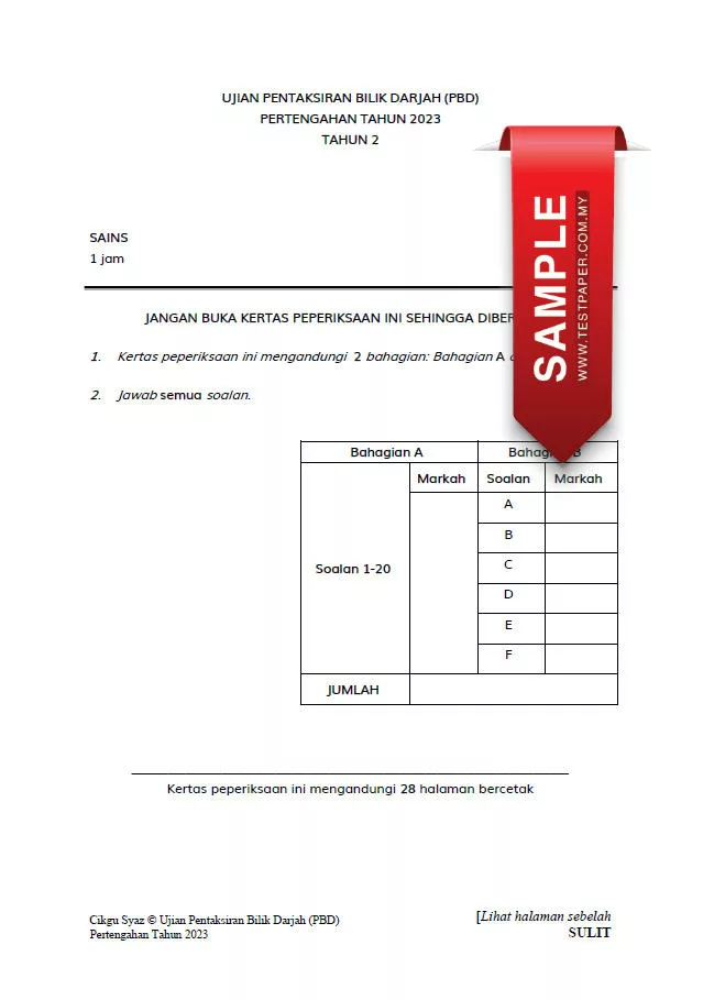 Soalan Ujian PBD Sains Tahun 2 2023