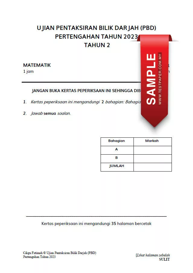 Soalan Ujian PBD Matematik Tahun 2 2023