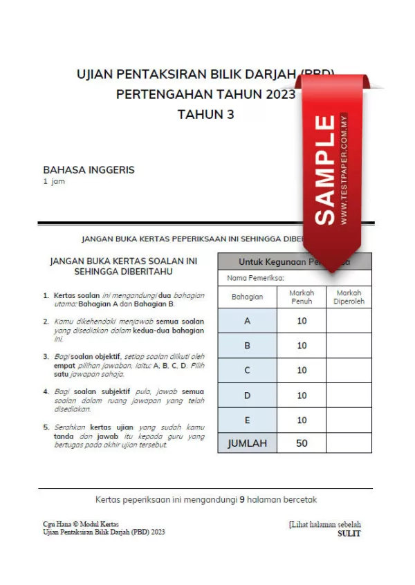 Soalan Ujian PBD Bahasa Inggeris Tahun 3 2023