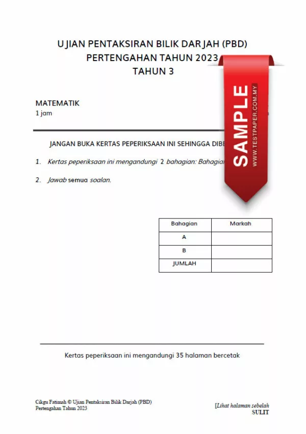 Soalan Ujian PBD Matematik Tahun 3 2023