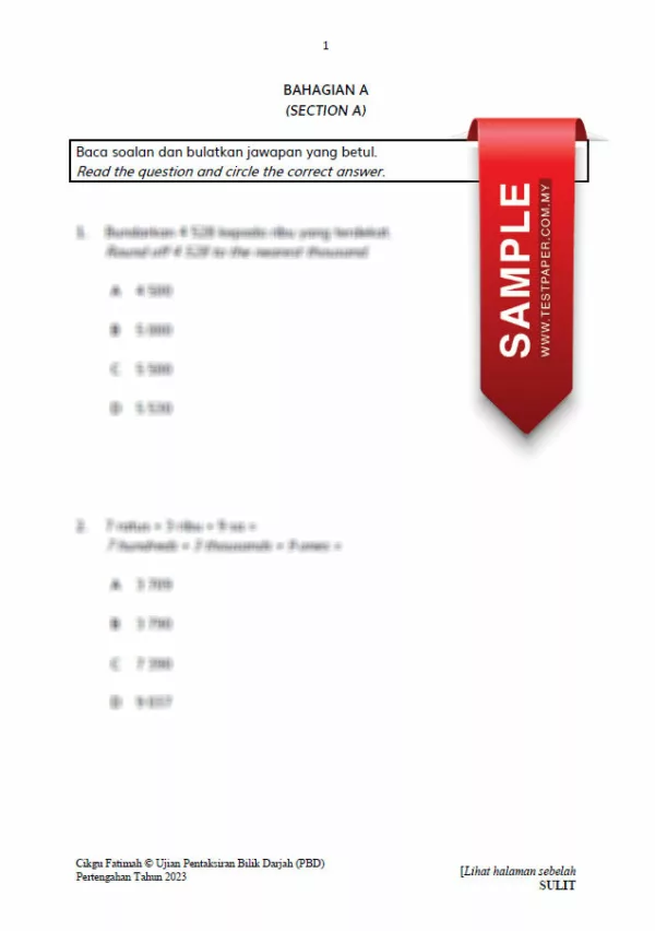 Soalan Ujian PBD Matematik Tahun 3 2023