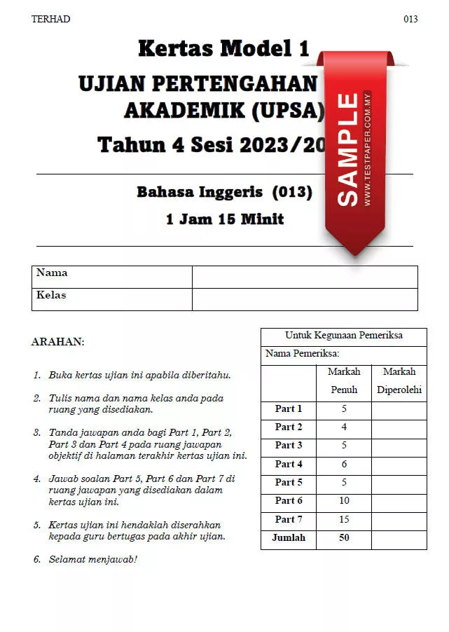 Soalan Ujian UPSA Bahasa Inggeris Tahun 4 Bab 1