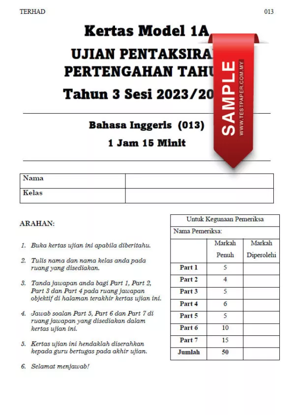 Soalan UJian PBD Bahasa Inggeris Tahun 3 Bab 1