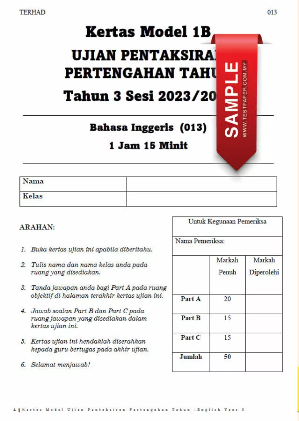 Soalan UJian PBD Bahasa Inggeris Tahun 3 Bab 1