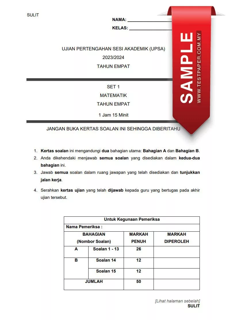 Soalan Ujian UPSA Matematik Tahun 4 2023