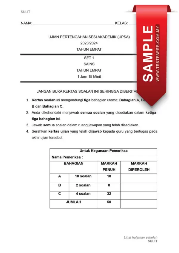 Soalan Ujian UPSA Sains Tahun 4 2023