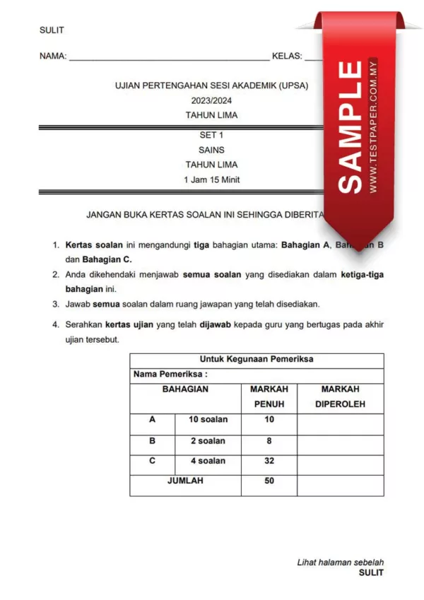 Soalan Ujian UPSA Sains Tahun 5 2023