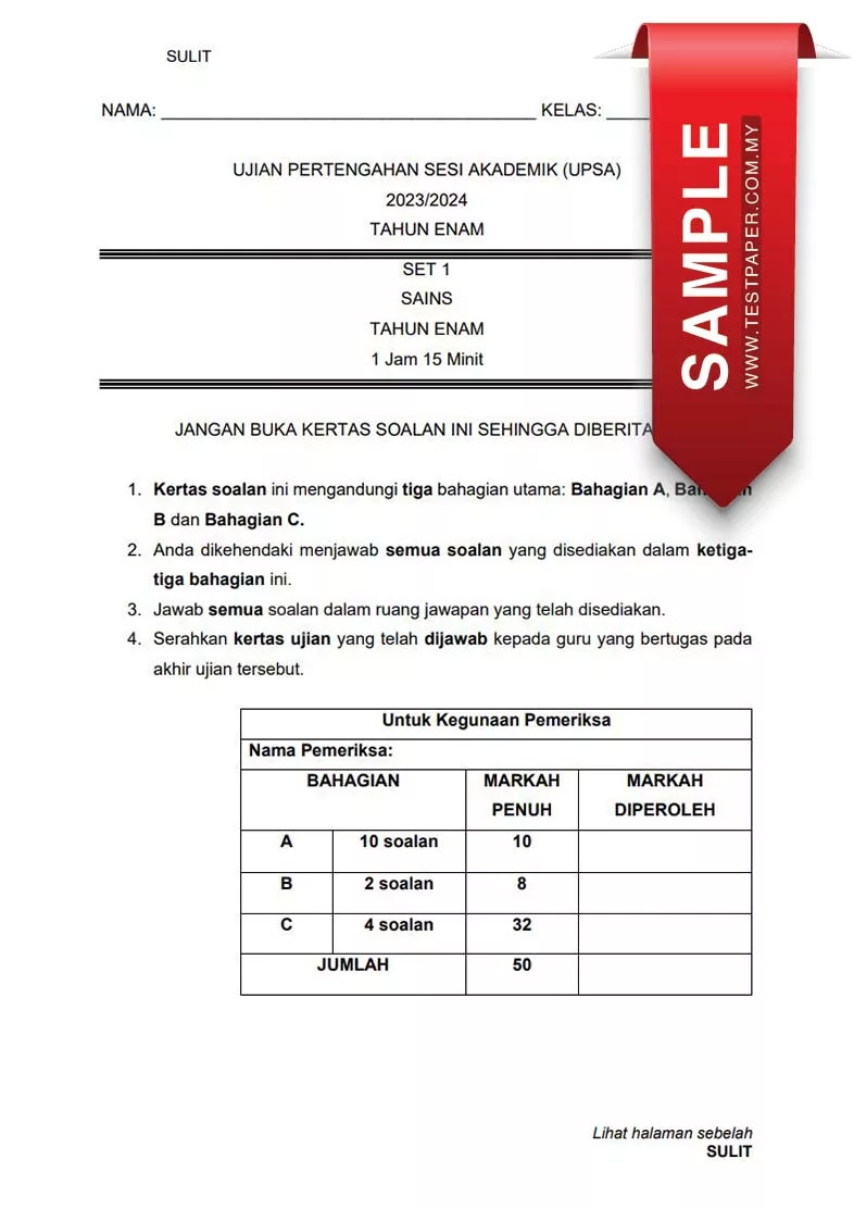 Soalan Ujian UPSA Sains Tahun 6 2023