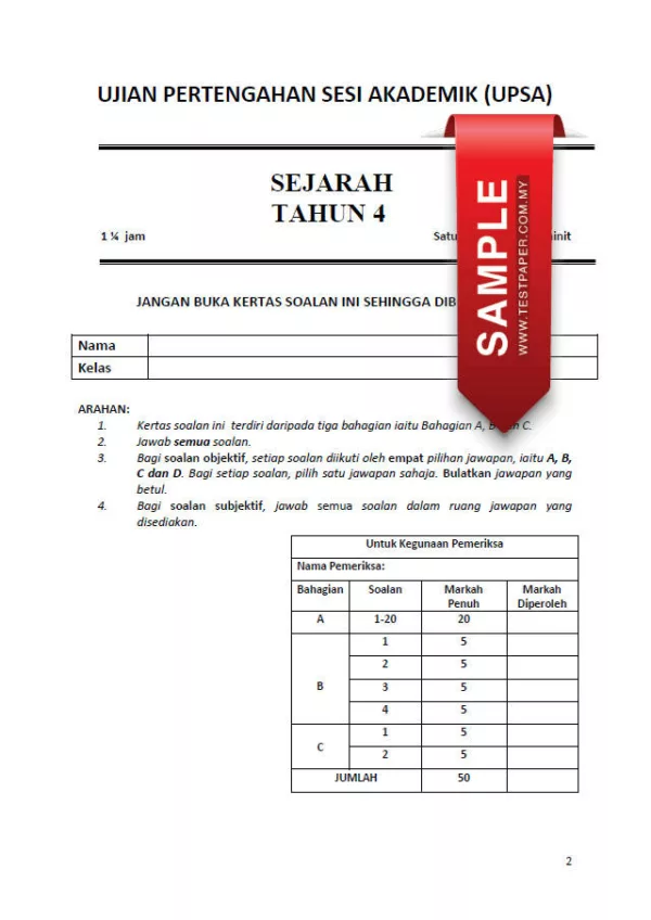 Soalan Ujian UPSA Sejarah Tahun 4 2023