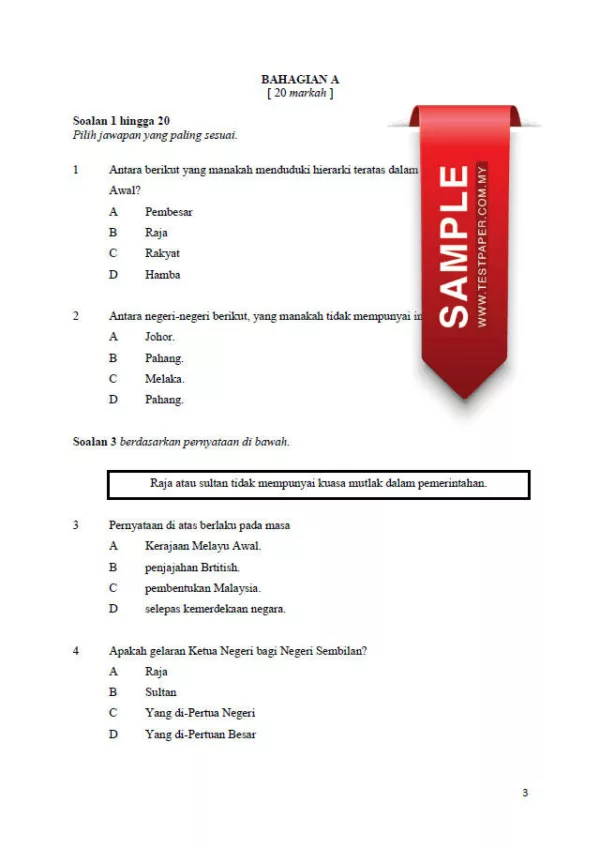 Soalan Ujian UPSA Sejarah Tahun 5 2023