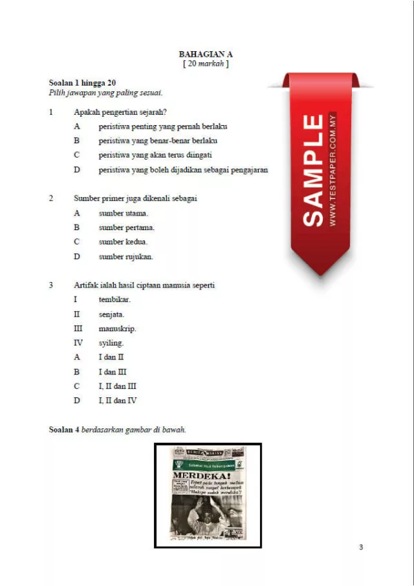 Soalan Ujian UPSA Sejarah Tahun 4-5-6 2023