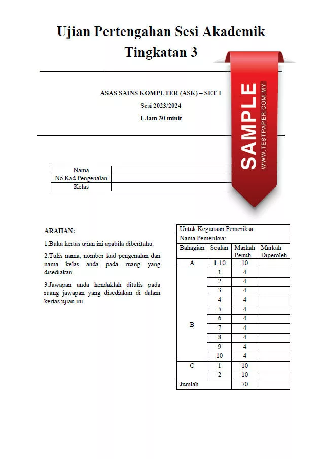 Soalan Ujian PBD Sains Komputer Tingkatan 3 2023