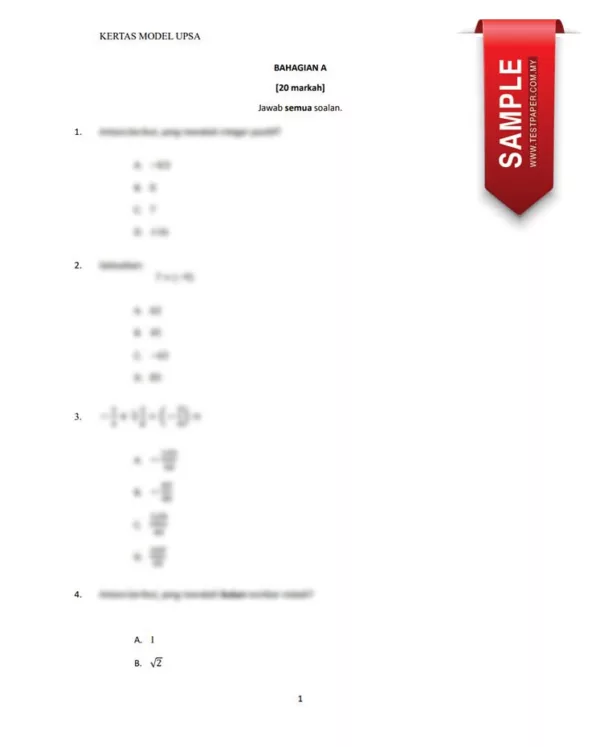 Soalan Ujian UPSA Matematik Tingkatan 1 2023