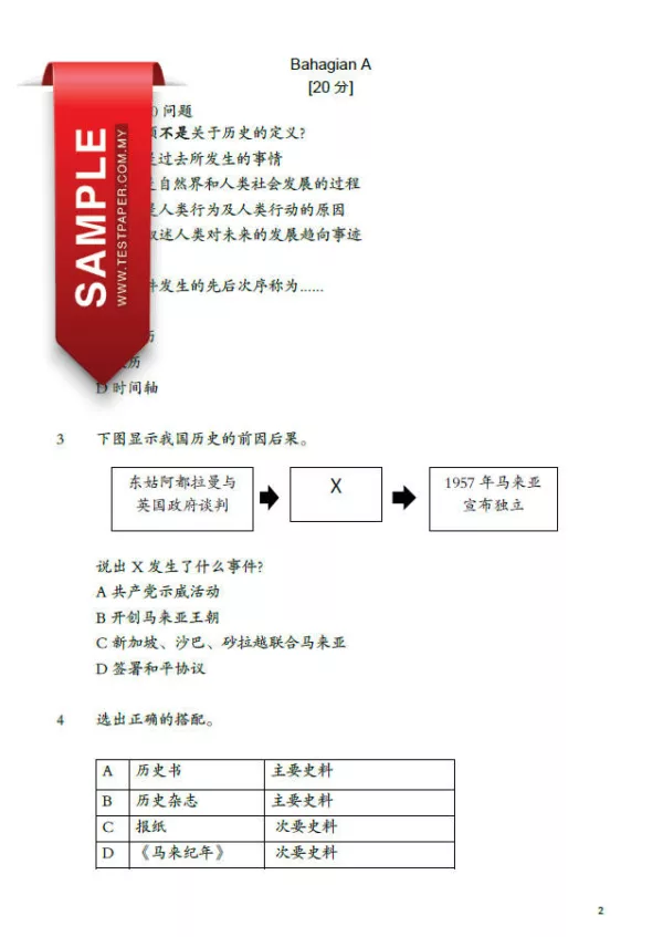 Soalan Ujian Pertengahan Sejarah Tahun 4-5-6 SJKC