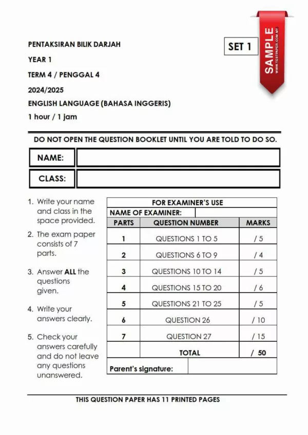 Soalan Akhir Tahun PAT Bahasa Inggeris Tahun 1 2024
