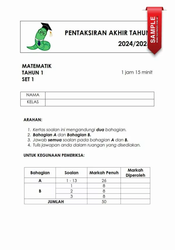 Soalan Akhir Tahun PAT Matematik Tahun 1 2024