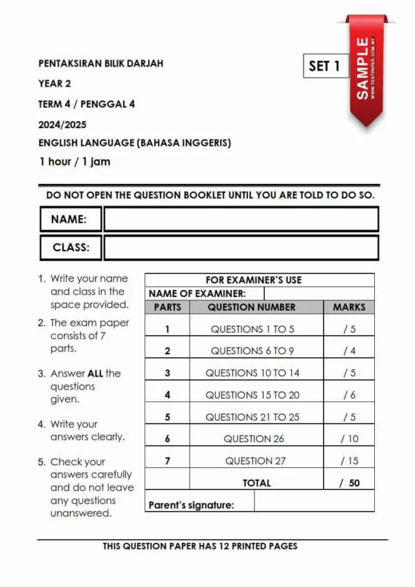 Soalan Akhir Tahun PAT Bahasa Inggeris Tahun 2 2024