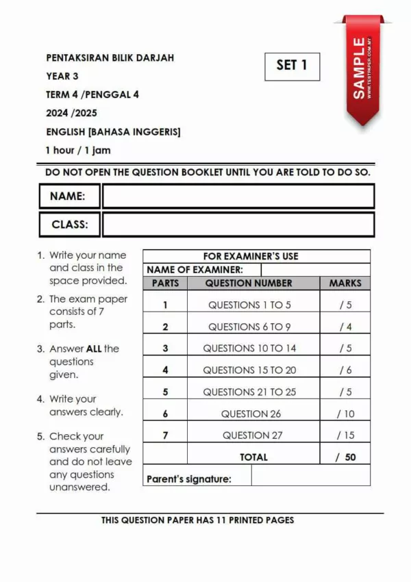 Soalan Akhir Tahun PAT Bahasa Inggeris Tahun 3 2024