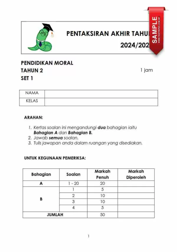 Soalan Akhir Tahun PAT Pendidikan Moral Tahun 2 2024