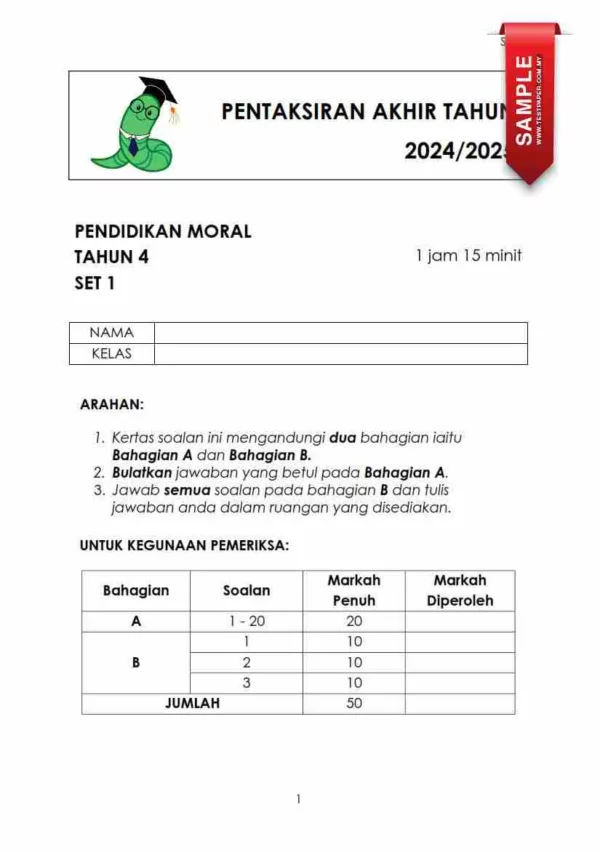 Soalan Akhir Tahun PAT Pendidikan Moral Tahun 4 2024