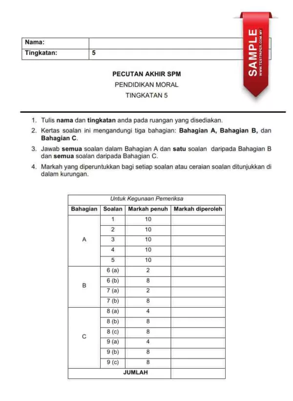 Soalan Latihan Pendidikan Moral SPM Kertas 1 dan 2 2024