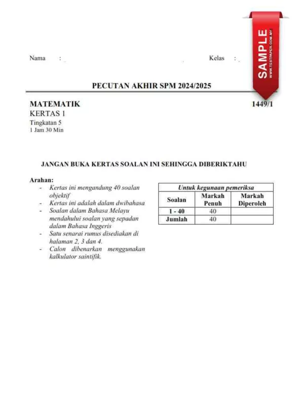 Soalan Latihan Matematik SPM Kertas 1 dan 2 2024