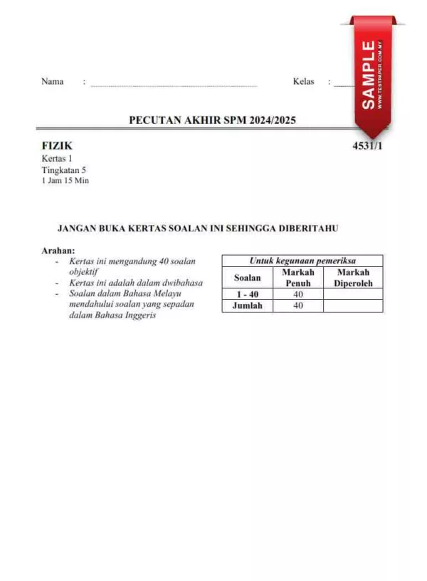 Soalan Latihan Fizik SPM Kertas 1 dan 2 2024